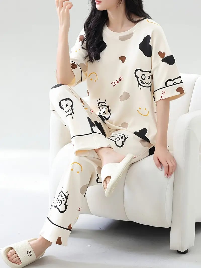 Off White Multi Bears Printed Night Suit