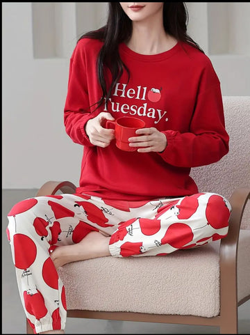 Red Hellow Tuesday Full Sleeves Printed Night Suit