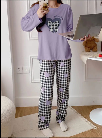 Lilac Heart with Cheq Bow Full Sleeves Printed Night Suit