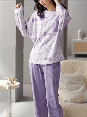 White with Lilac Bunny & Bear Full Sleeves Printed Night Suit