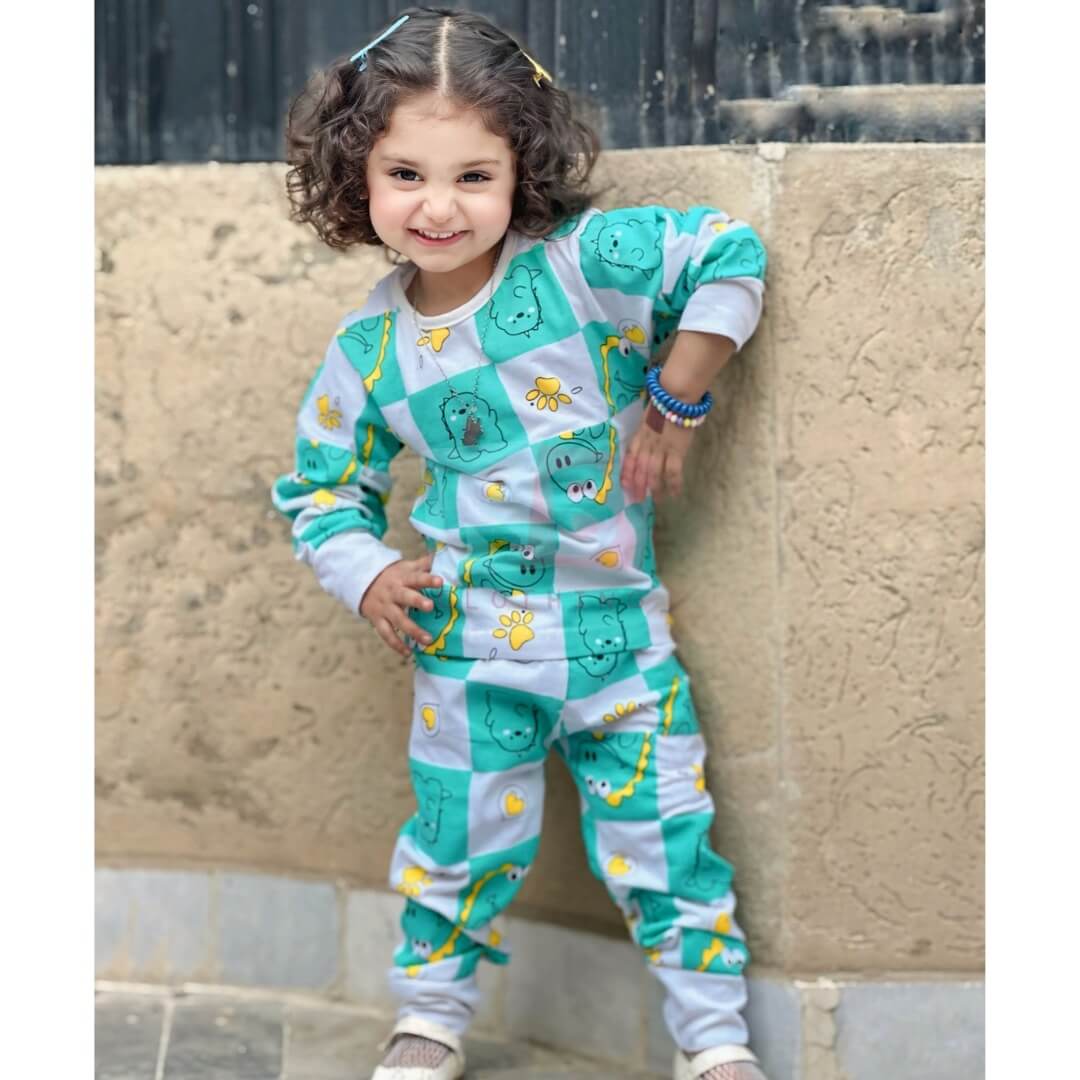White & Sea Green Crocodile Printed Full Sleeves Suit For Kids