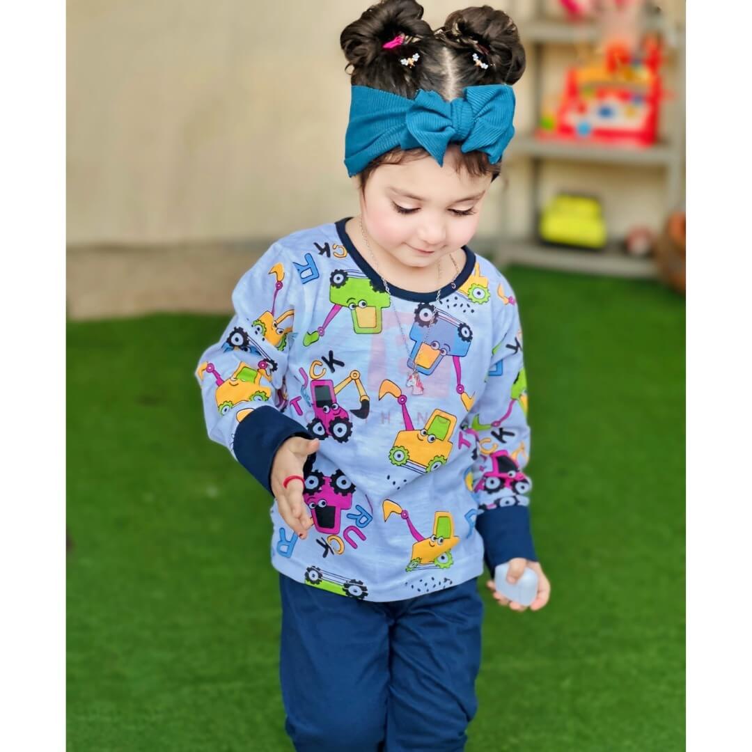 Off White Truck Print T-shirt With Blue Trouser Kids Night Suit