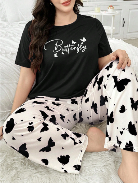 Black Butterfly Printed with White Butterfly Printed Night Suit