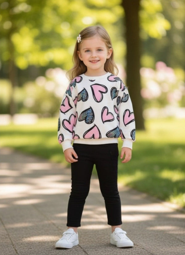 Off White with Pink & Black Hearts Printed Sweatshirt with Black Trouser For Kids