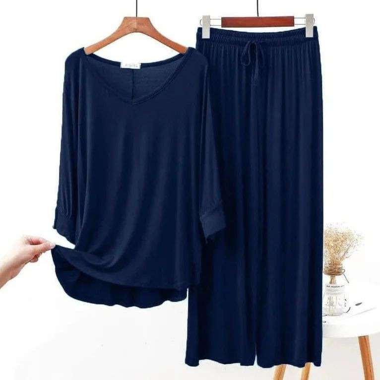 Plain Navy Blue V Neck with Palazzo Style Pajama Full Sleeves Suit for Her