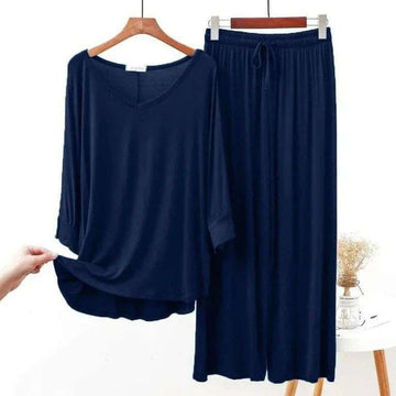Plain Navy Blue V Neck with Palazzo Style Pajama Full Sleeves Suit for Her