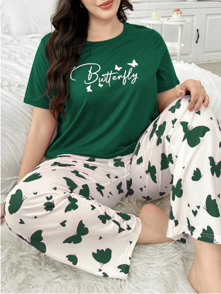 Green Butterfly Printed with White Butterfly Printed Night Suit