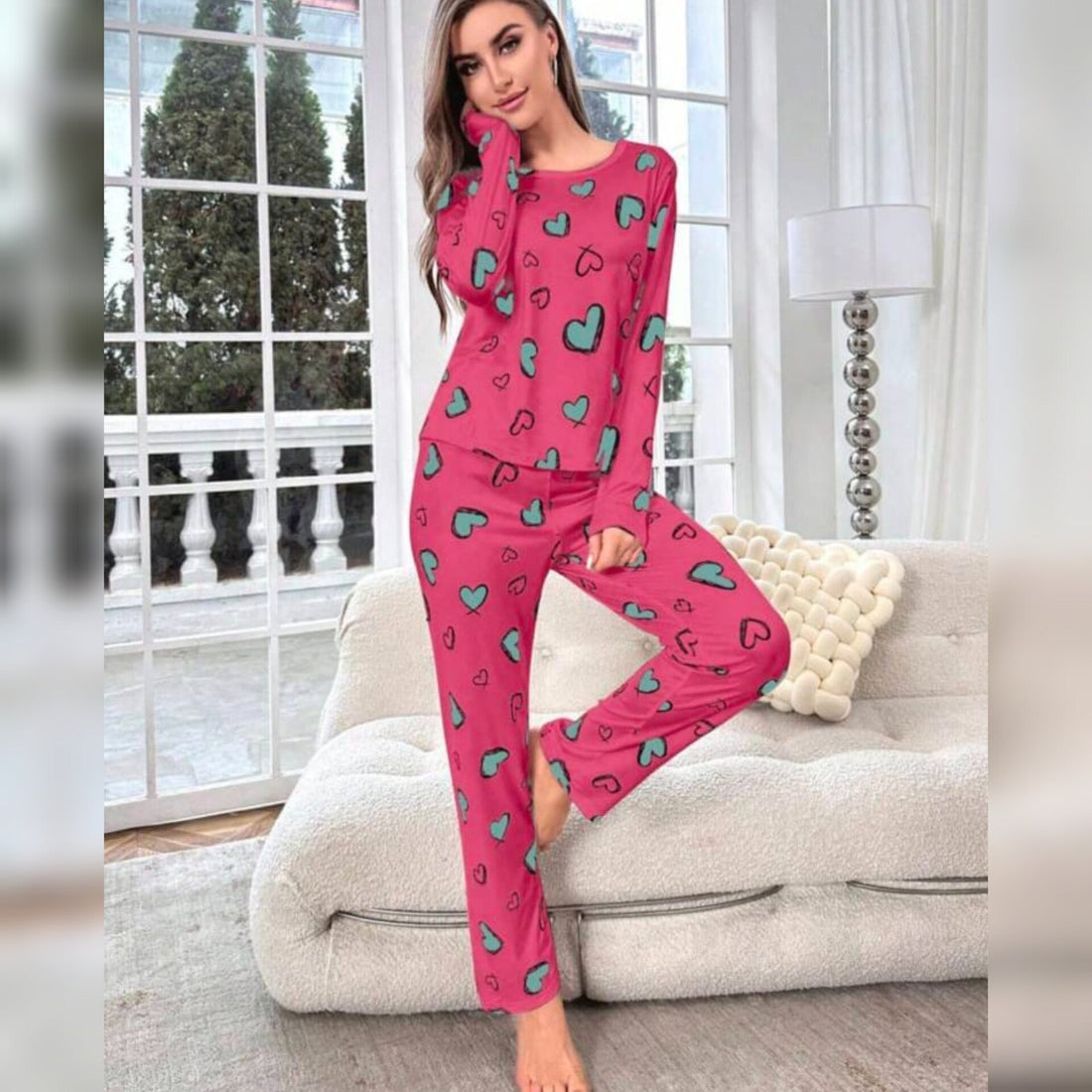 Shocking Pink With Green Herats Print Full Sleeves T-shirt With Hearts Printed Trouser Suit