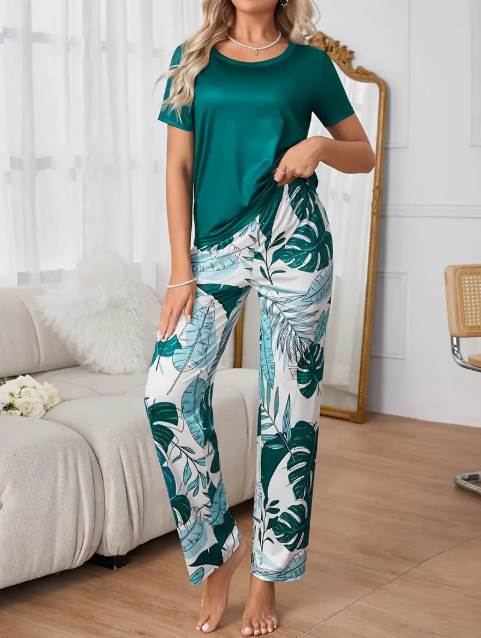 Green Plain Half Sleeves Tee with Printed Pajama Night Suit