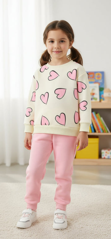 Off White with Pink Hearts Printed Sweatshirt with Pink Trouser For Kids