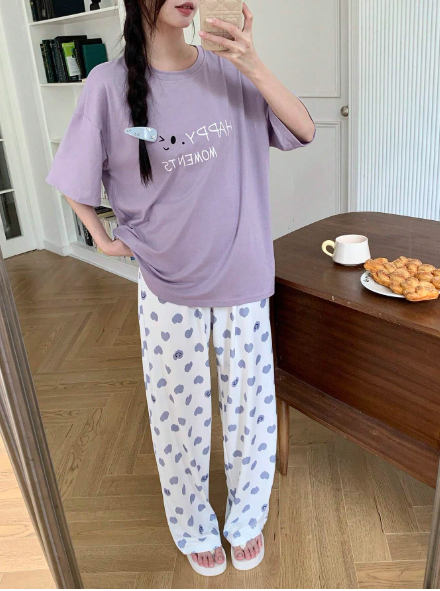 Lilac Happy Moments Printed T-shirt with Hearts Printed Night Suit