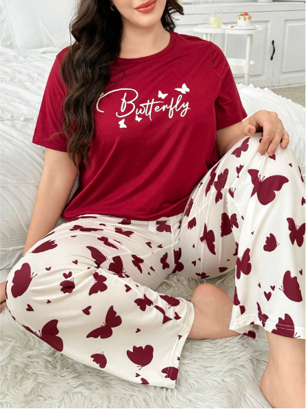 Maroon Butterfly Printed with White Butterfly Printed Night Suit
