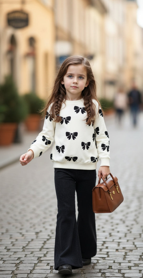 Off White with Black Bow Printed Sweatshirt with Black Trouser For Kids