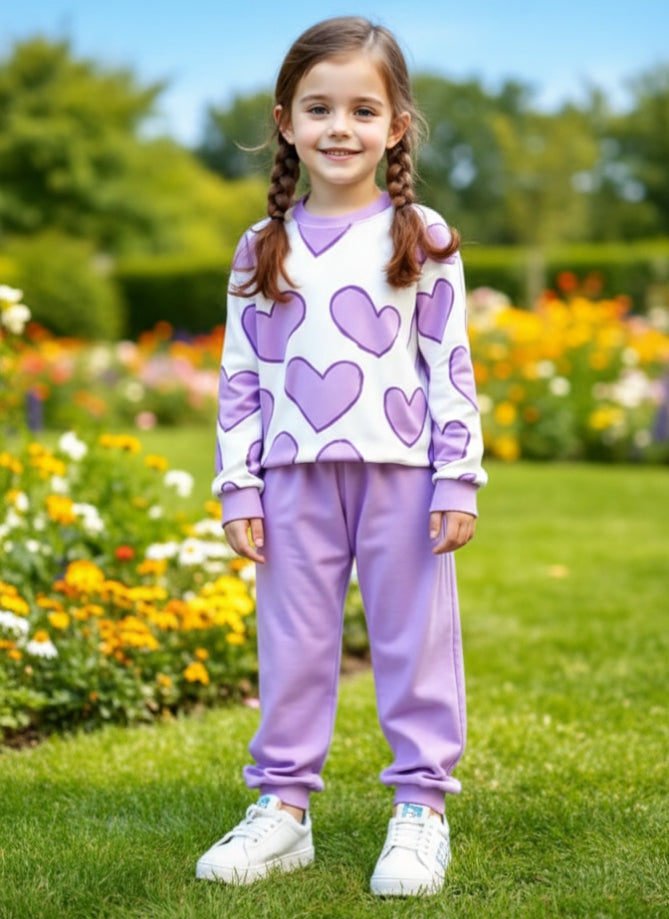 Off White with Lilac Hearts Printed Sweatshirt with Lilac Trouser For Kids