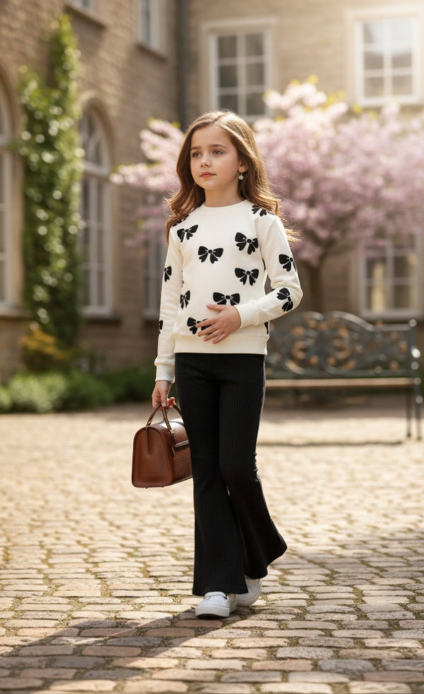 Off White with Black Bow Printed Sweatshirt with Black Trouser For Kids