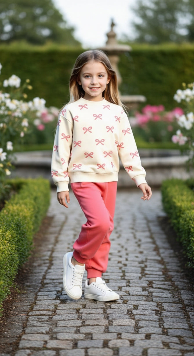 Off White with Pink Bow Printed Sweatshirt with Pink Trouser For Kids