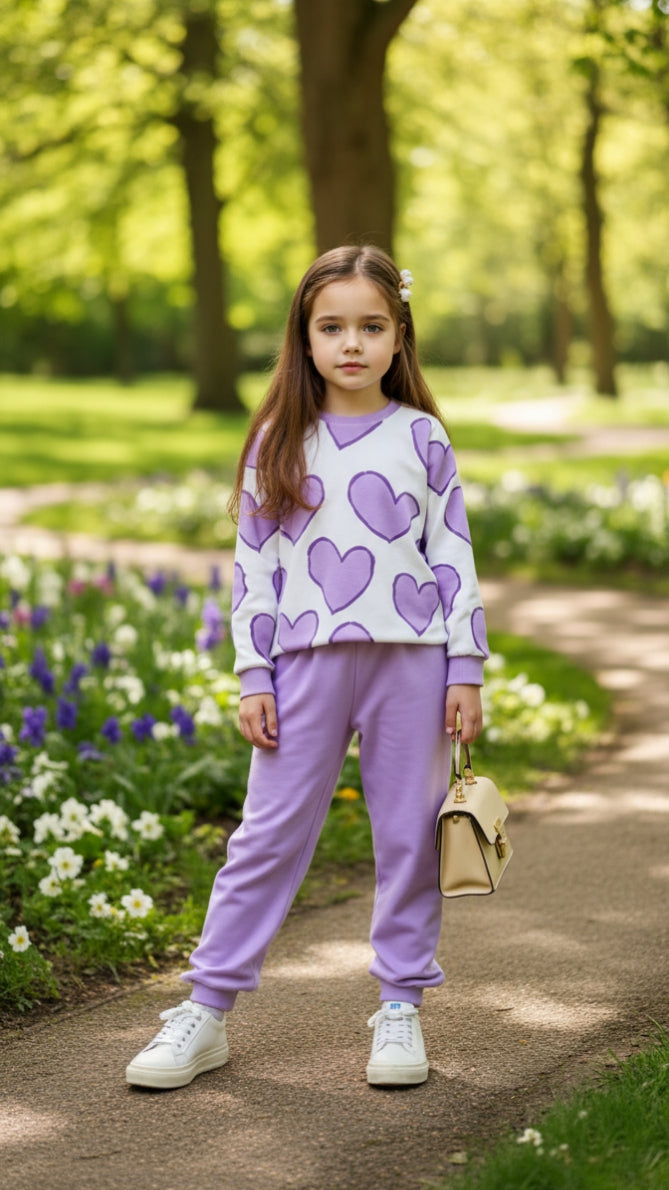 Off White with Lilac Hearts Printed Sweatshirt with Lilac Trouser For Kids