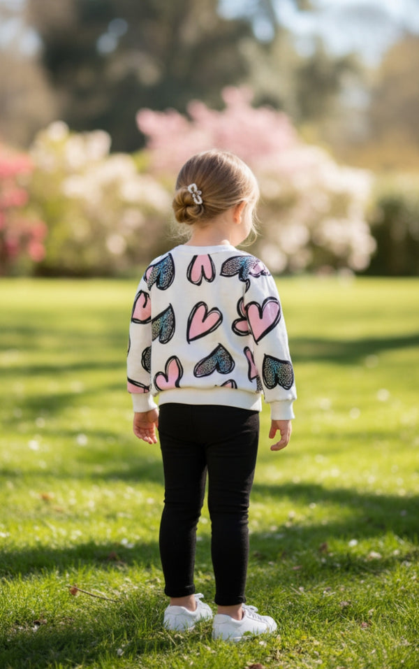 Off White with Pink & Black Hearts Printed Sweatshirt with Black Trouser For Kids
