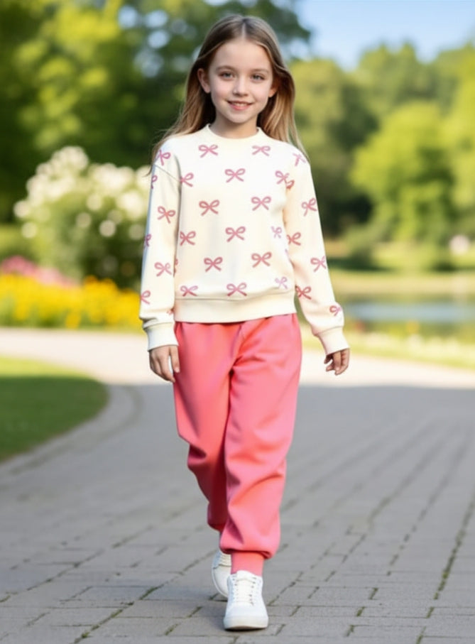 Off White with Pink Bow Printed Sweatshirt with Pink Trouser For Kids