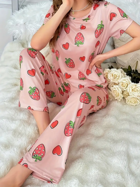 Pink All Over Strawberries Printed Night Suit