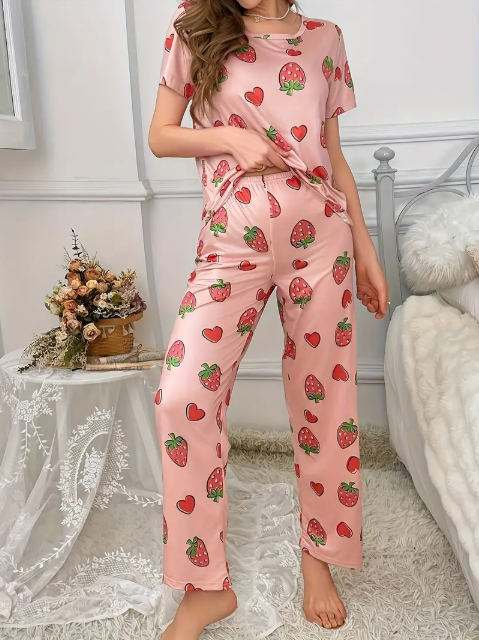 Pink All Over Strawberries Printed Night Suit